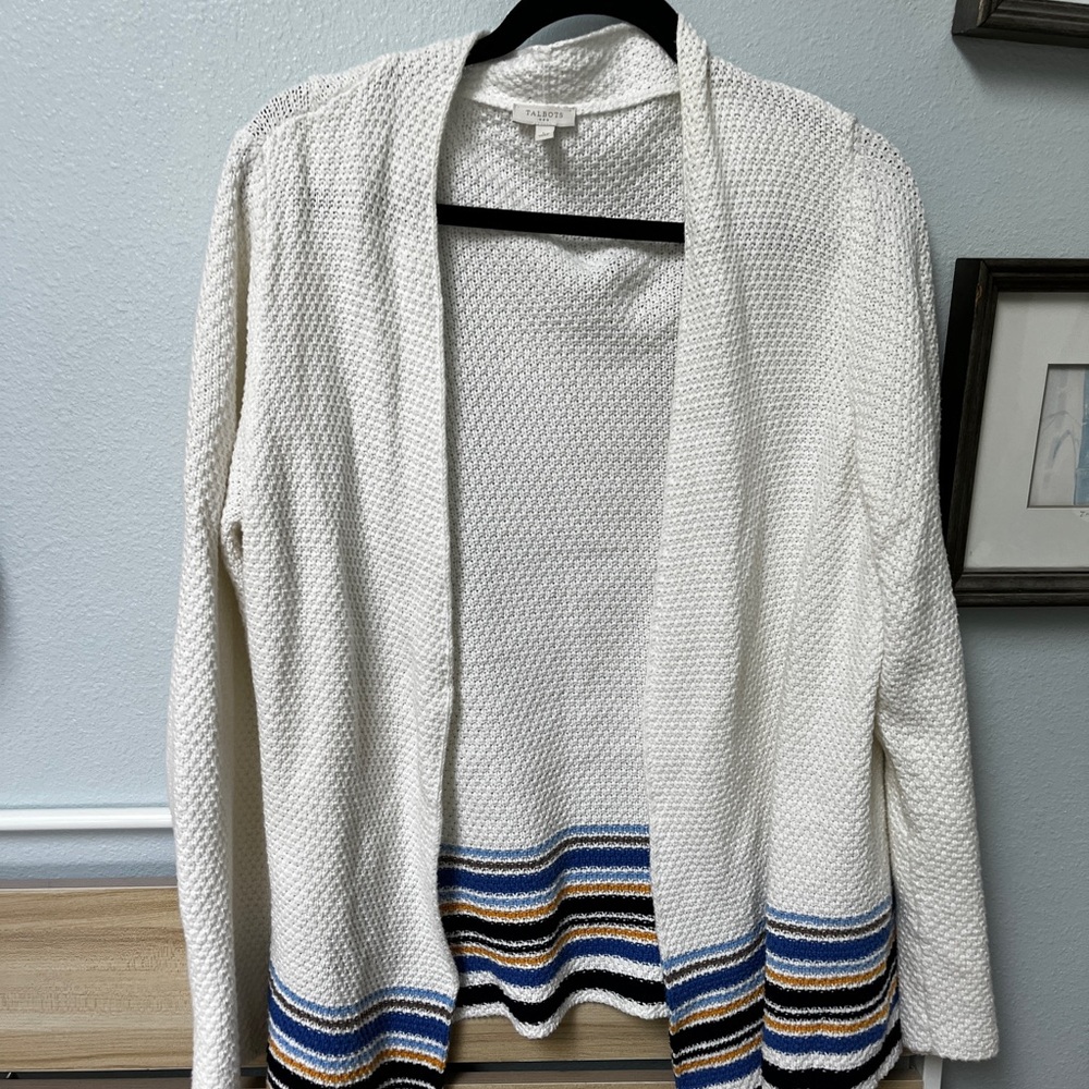 🍁Talbots White Cardigan with Blue and Brown Accents LARGE